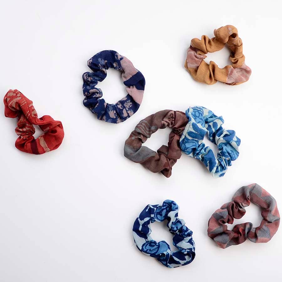 Scrunchies | Cotton Silk Hand-Dyed + Block Print (set of 2)