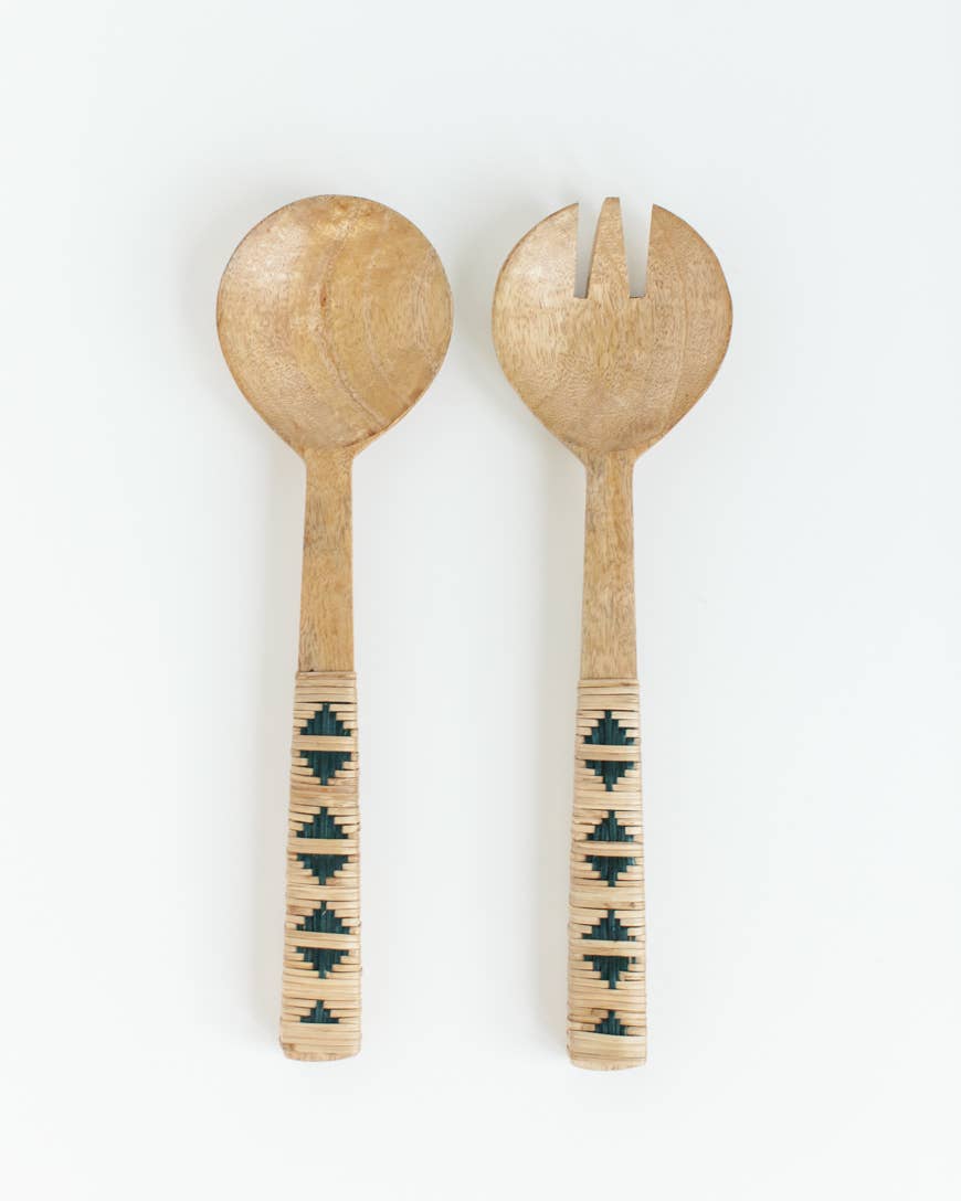Hand-Carved Geo-Woven Mango Wood Salad Servers