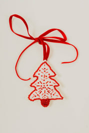 Red & White Beaded Tree Ornament - Handmade