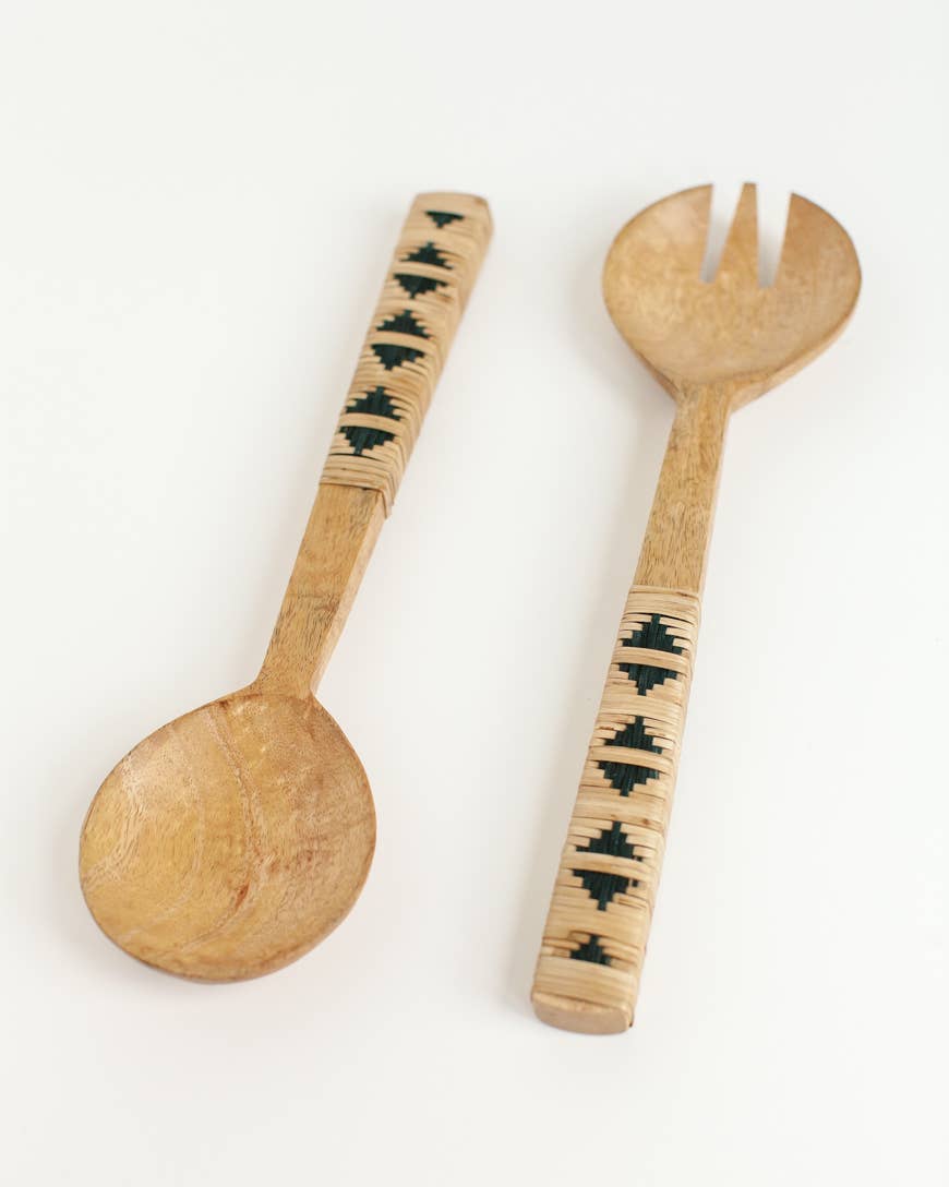 Hand-Carved Geo-Woven Mango Wood Salad Servers