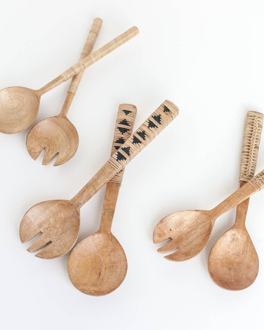 Hand-Carved Geo-Woven Mango Wood Salad Servers