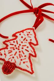 Red & White Beaded Tree Ornament - Handmade
