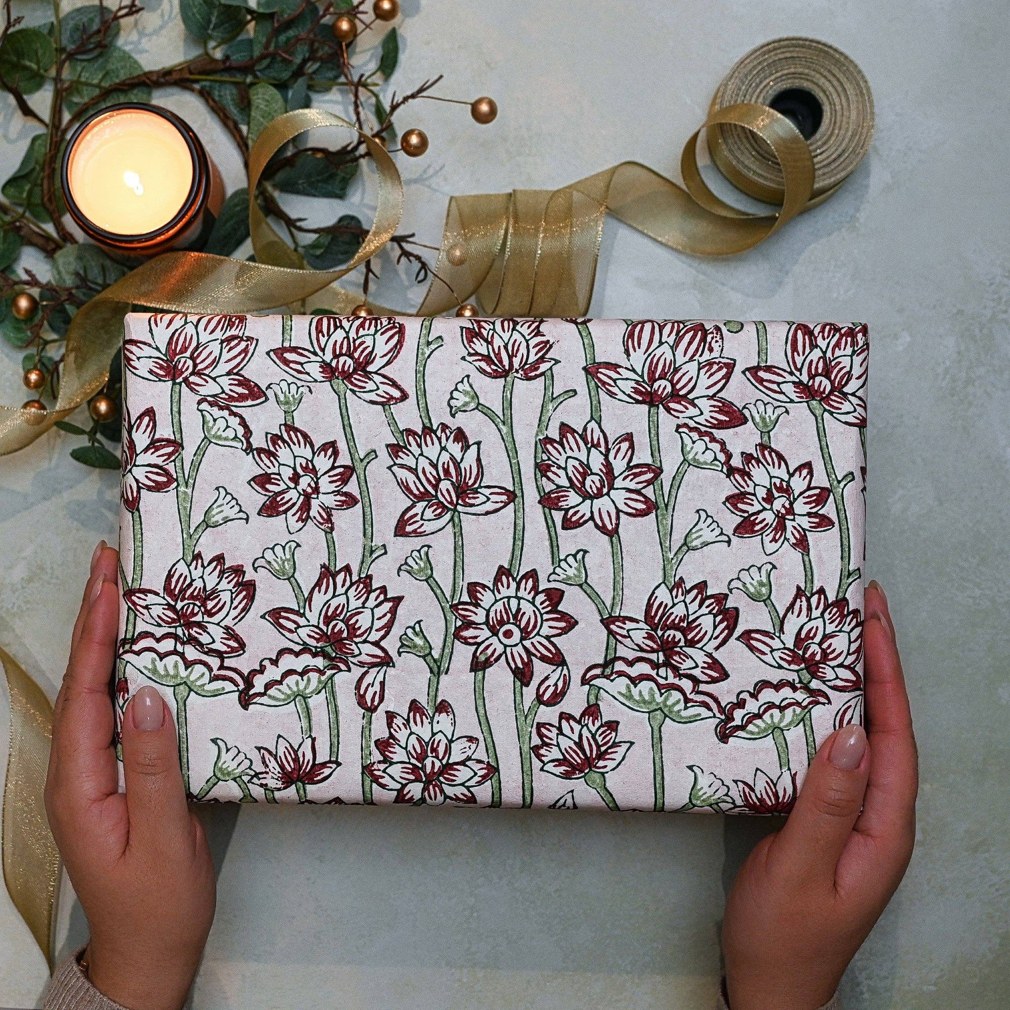 Block-Printed Gift Wrapping Paper Sheet (in Lotus Cherry)