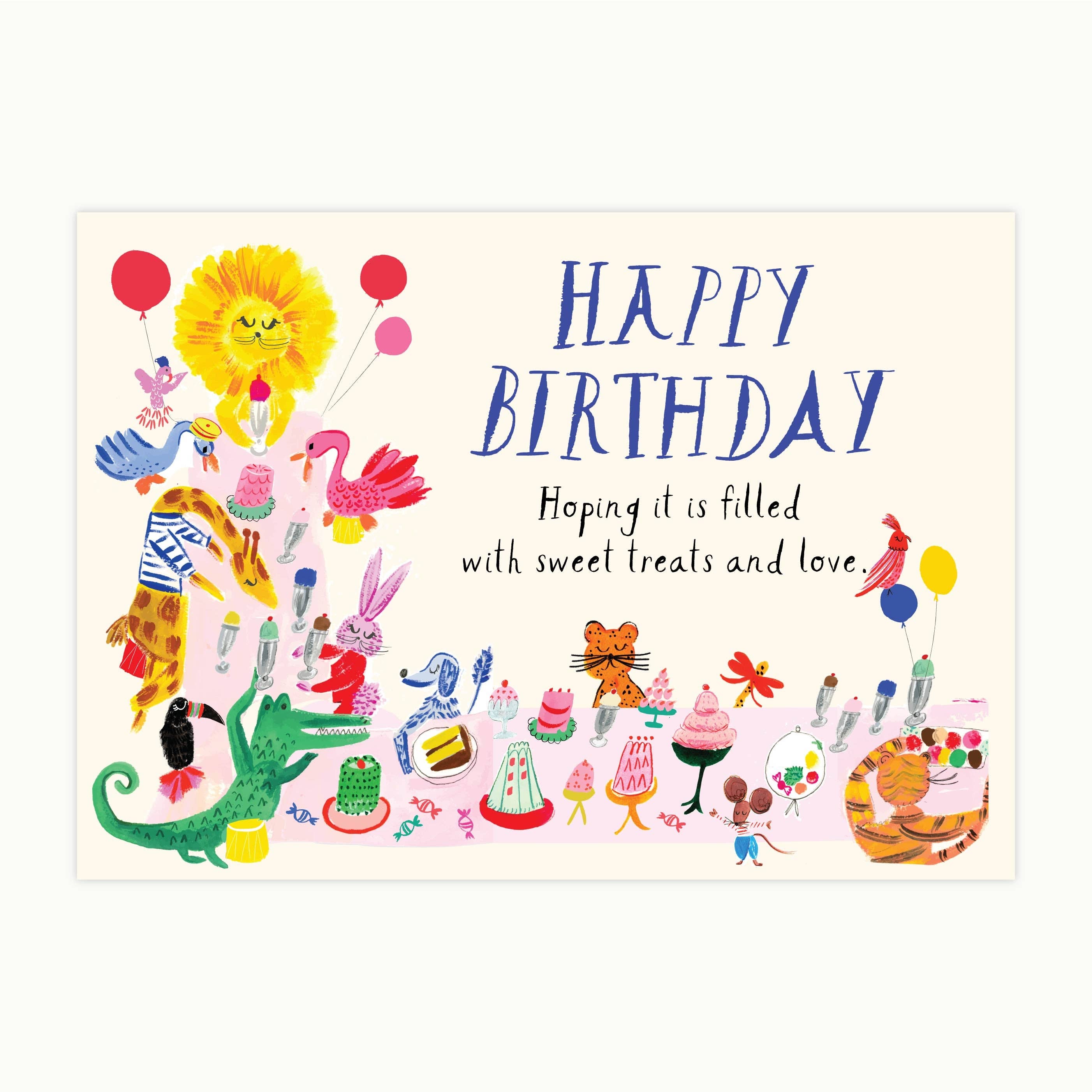 Colorful birthday card with animals and text on a white background