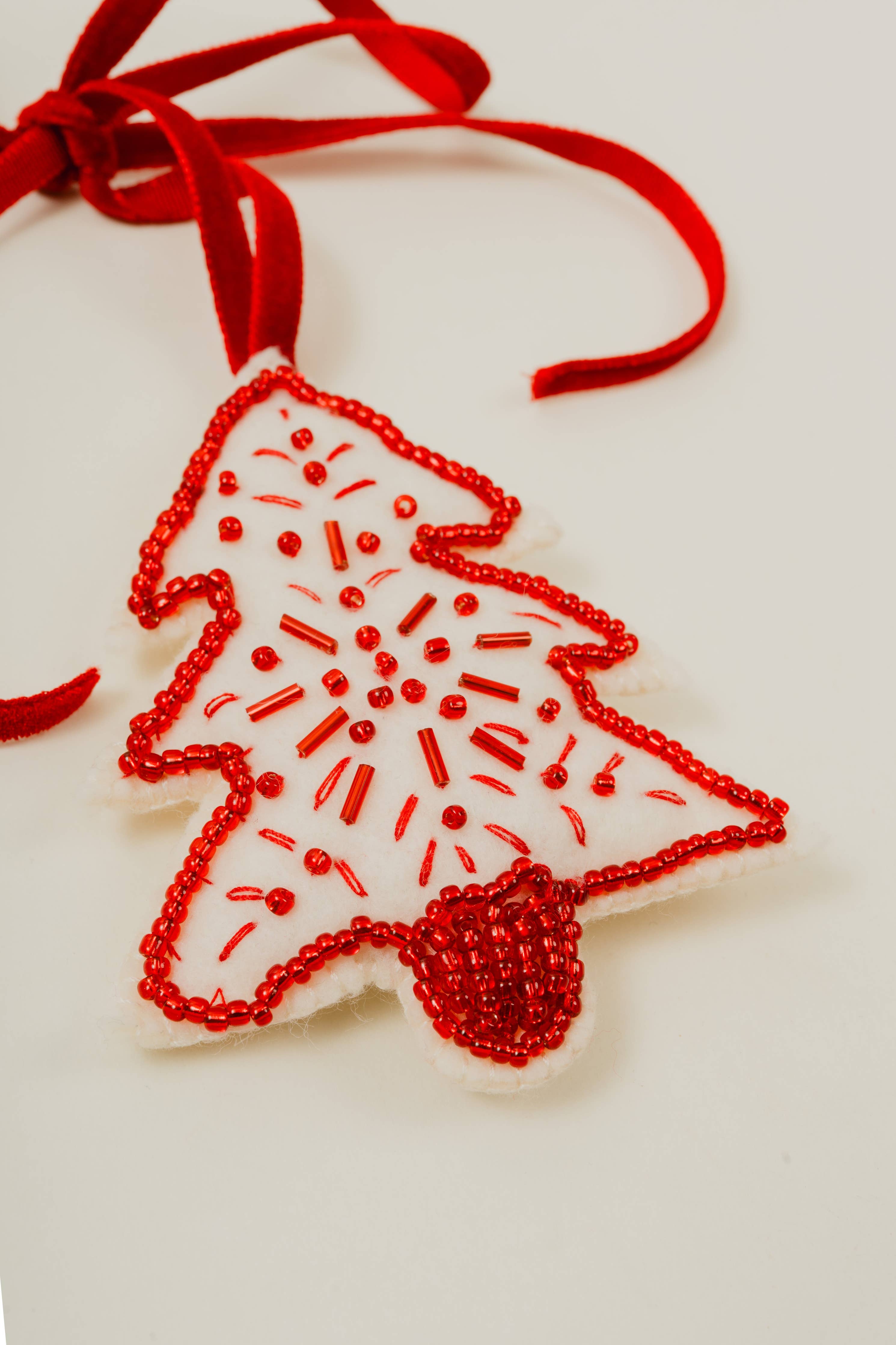 Red & White Beaded Tree Ornament - Handmade