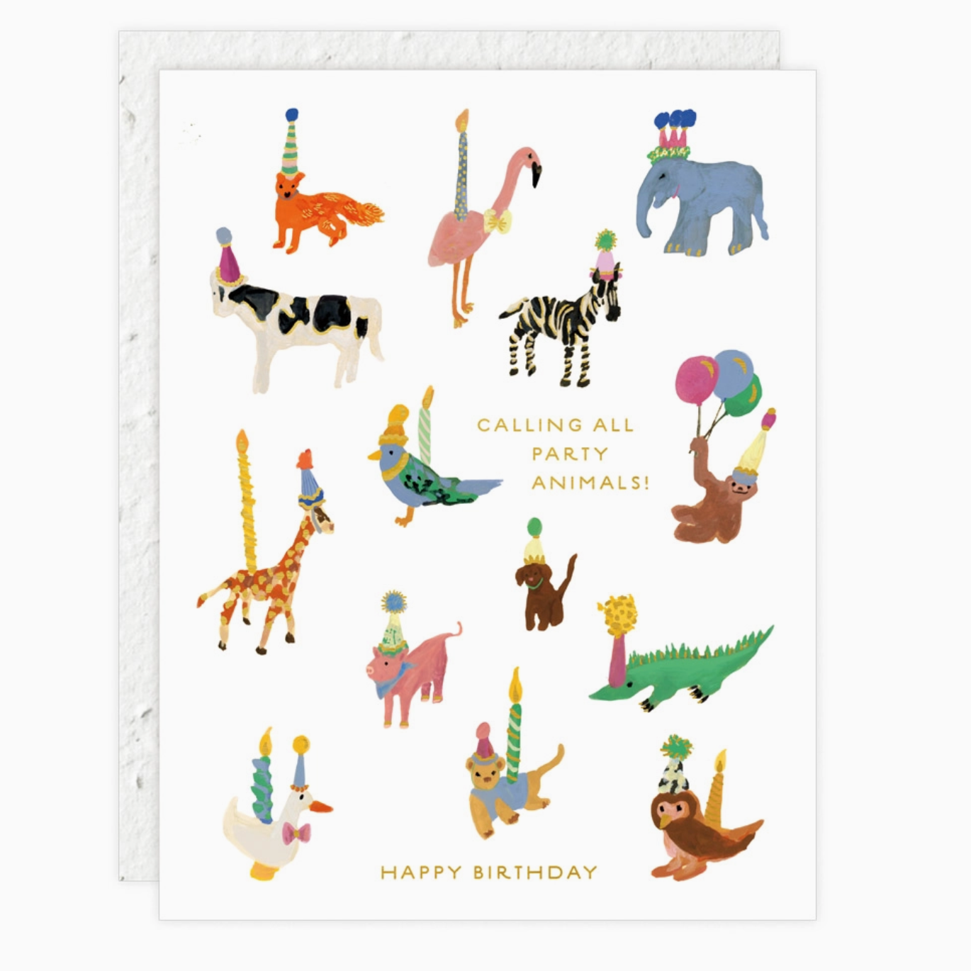 Illustration of party animals with birthday hats and balloons on a white background