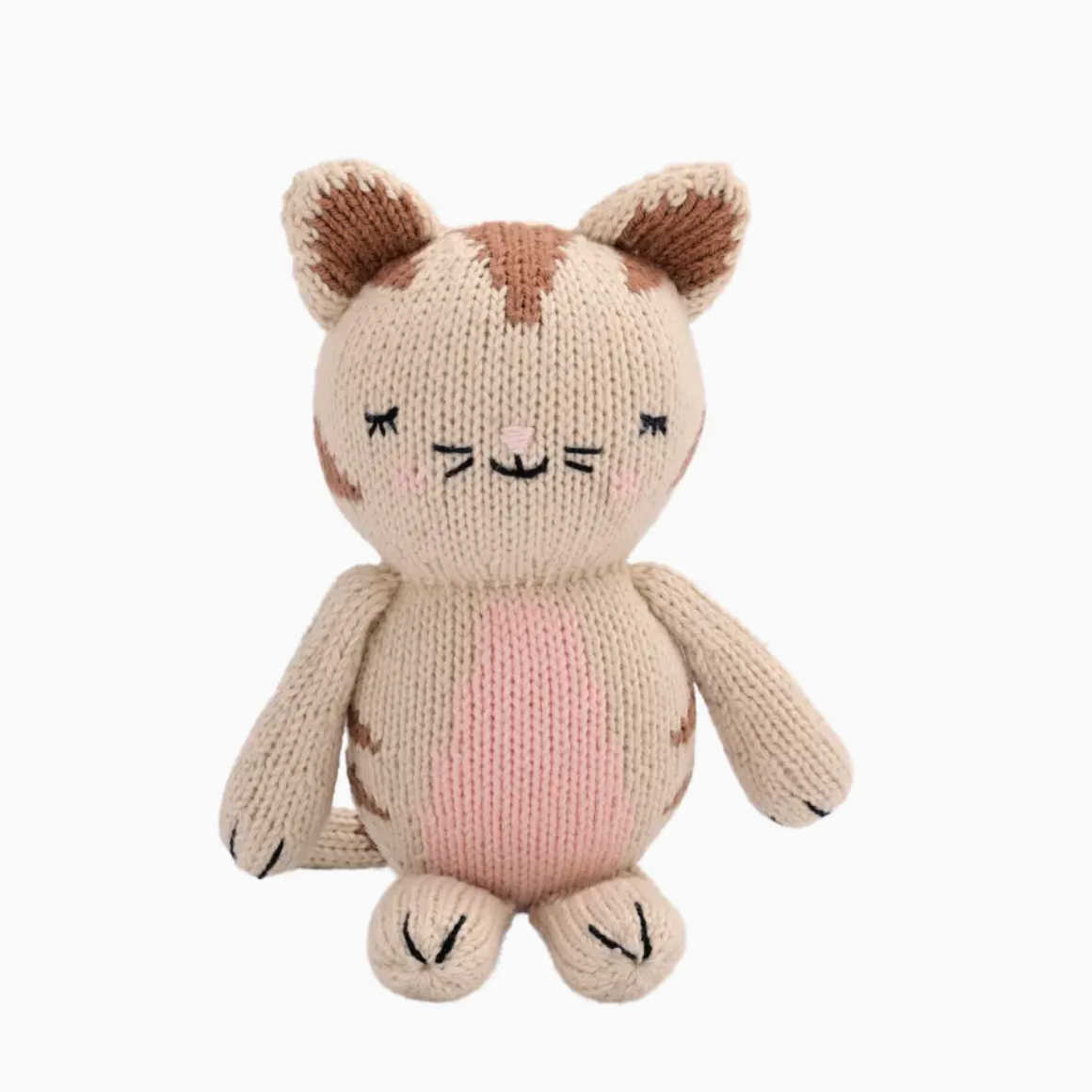 Knitted cat toy with a pink belly on a white background