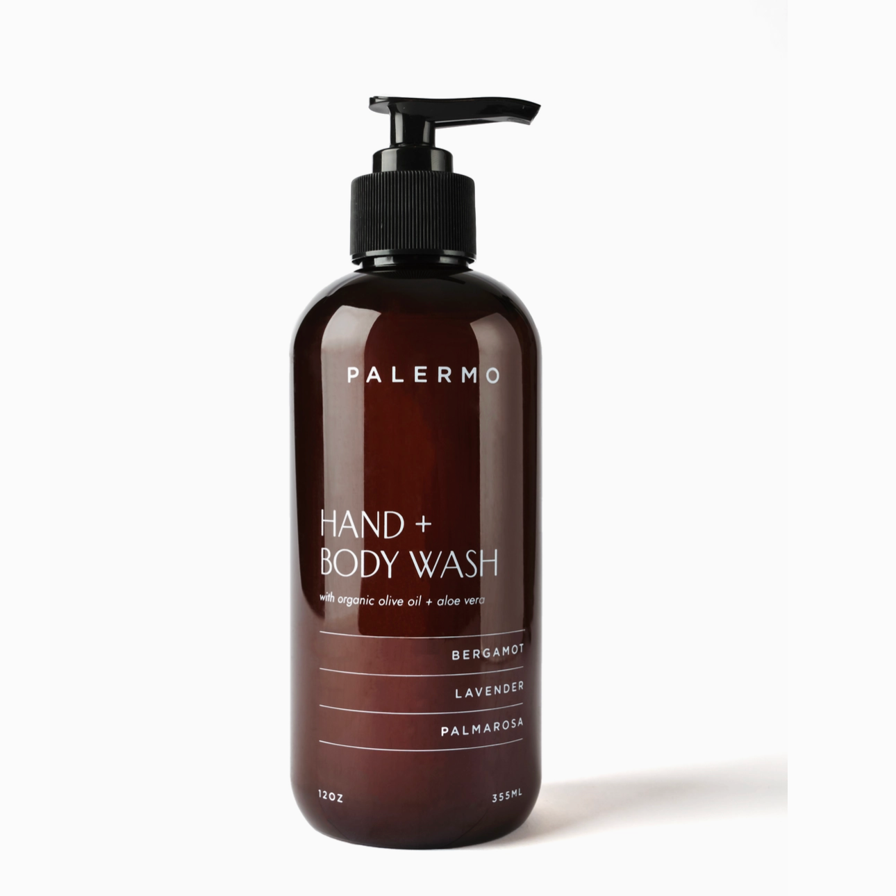 Brown bottle of Palermo hand and body wash on a white background