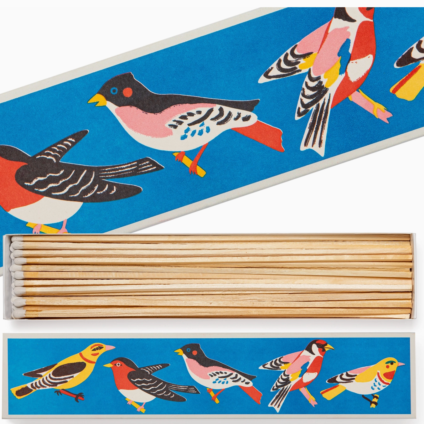 Set of wooden sticks with bird illustrations on a blue background