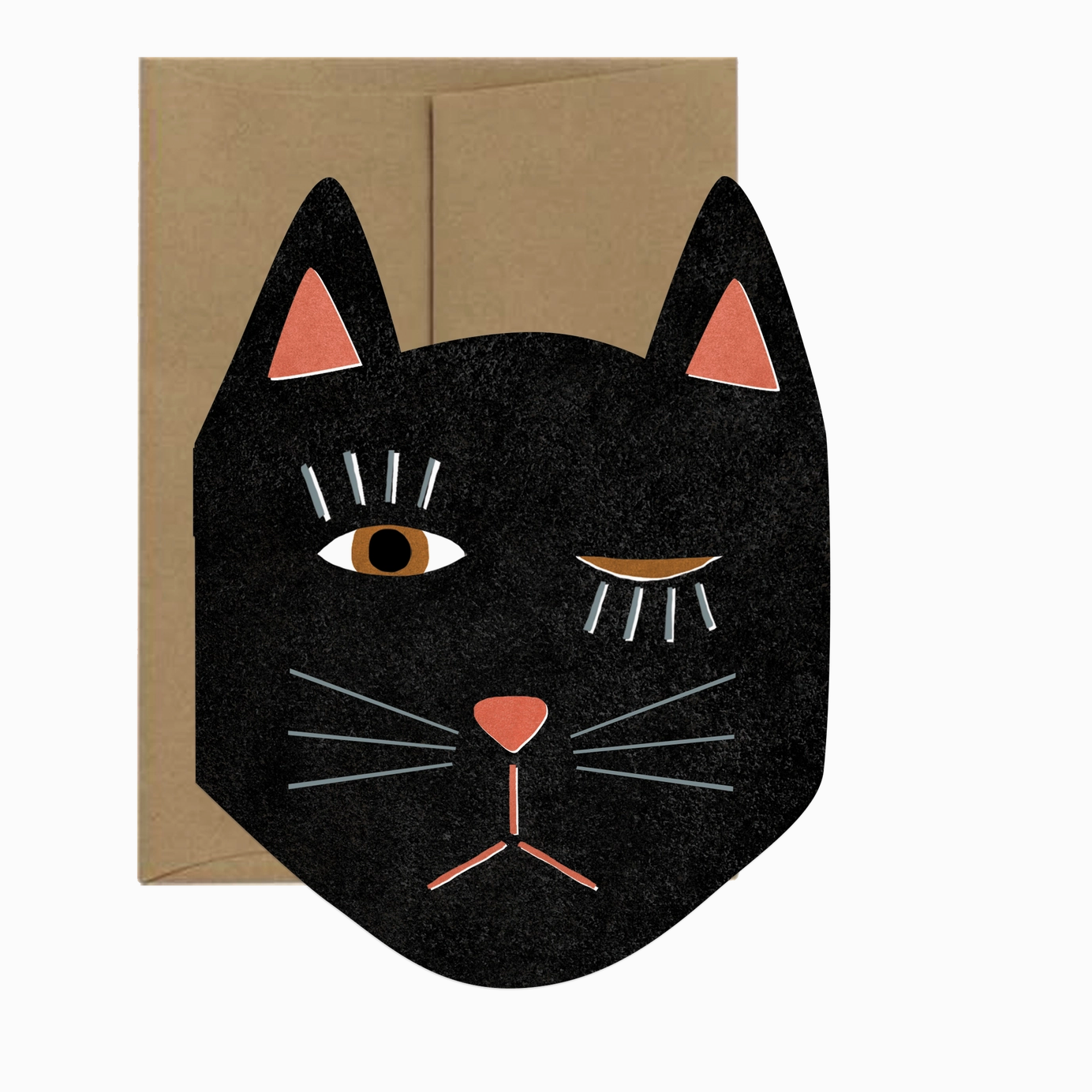 Greeting card with a black cat face design on a white background