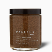 Jar of Palermo Body coffee body scrub on a white background