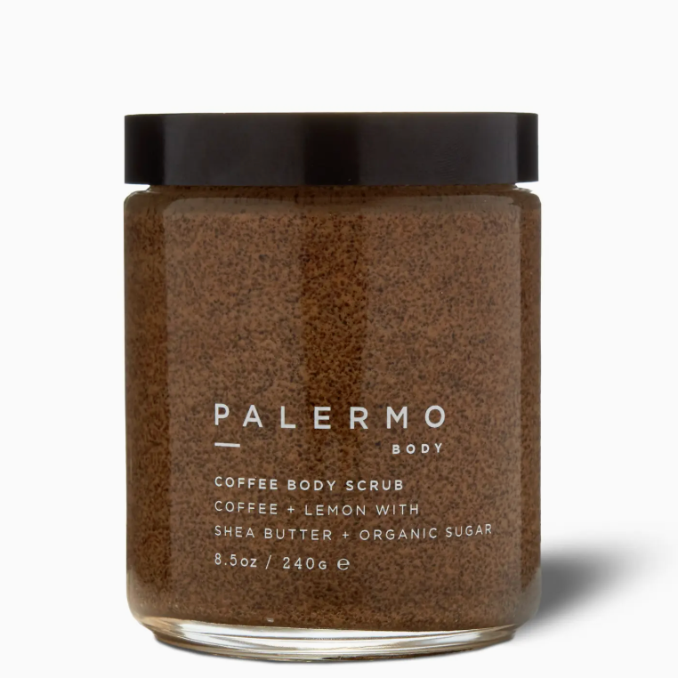 Jar of Palermo Body coffee body scrub on a white background
