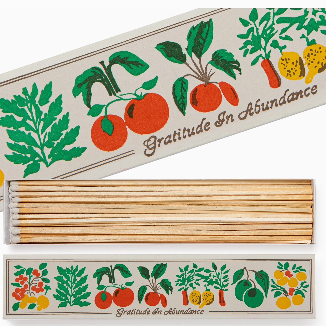 Incense sticks with decorative box featuring illustrations of fruits and vegetables and text 'Gratitude In Abundance'.