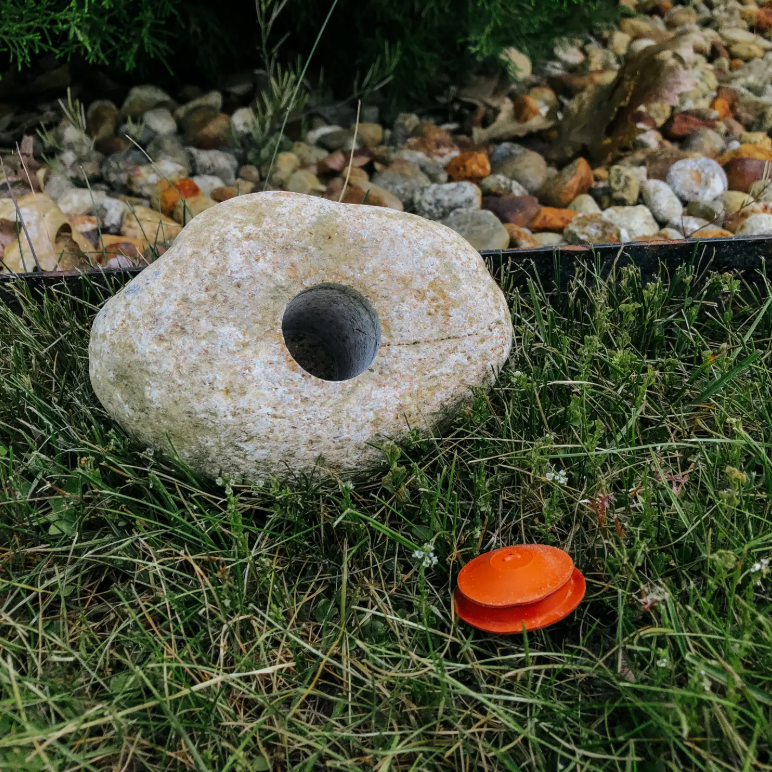 Large stone with a hole in the center on grass, surrounded by small rocks and plants.