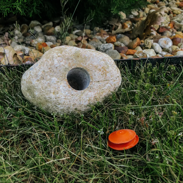 Large stone with a hole in the center on grass, surrounded by small rocks and plants.