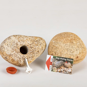Two stones with a keyhole and a key, accompanied by a key hiding stone product card on a light gray background.
