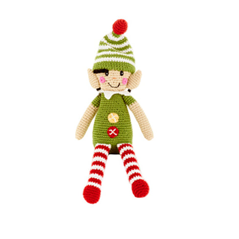 Crocheted elf toy with green outfit, red striped socks, and a white background