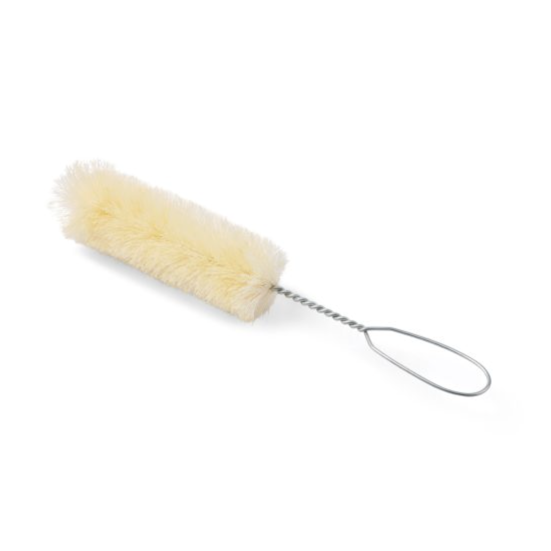 A cylindrical cleaning brush with soft cream-colored bristles and a silver metal handle loop, shown on a plain white background.