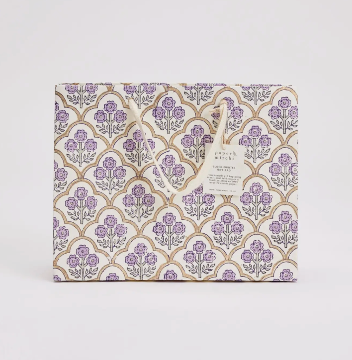 Hand Block Printed Gift Bag - Lavender Collection - Variety of Styles (Medium)