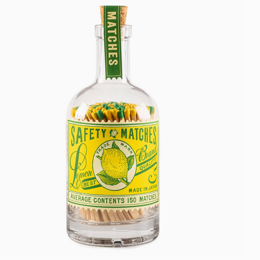 Bottle filled with matches labeled 'Safety Matches' on a white background