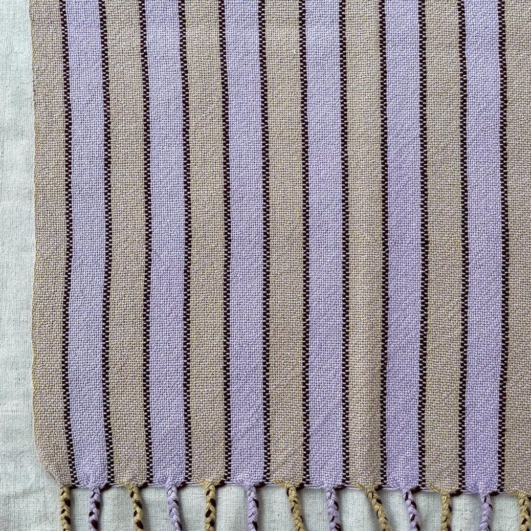 Striped towel with tassels on a light background