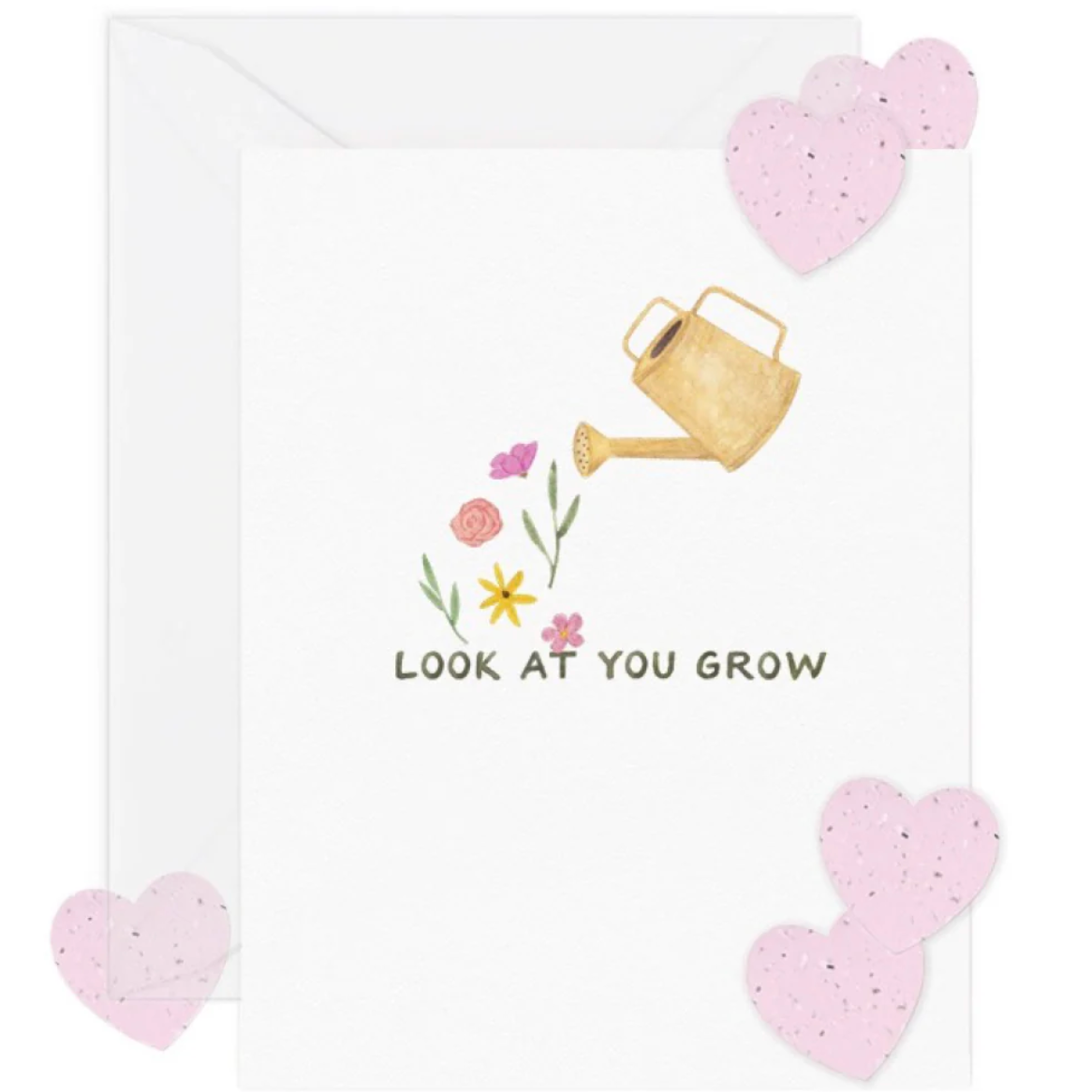 Greeting card with watering can, flowers, and hearts on a white background