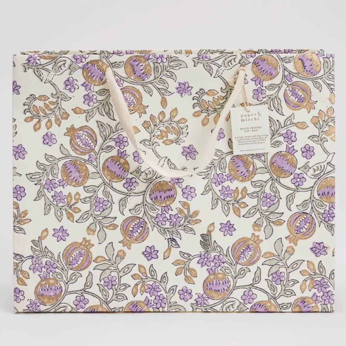 Hand Block Printed Gift Bag - Lavender Collection - Variety of Styles (Large)