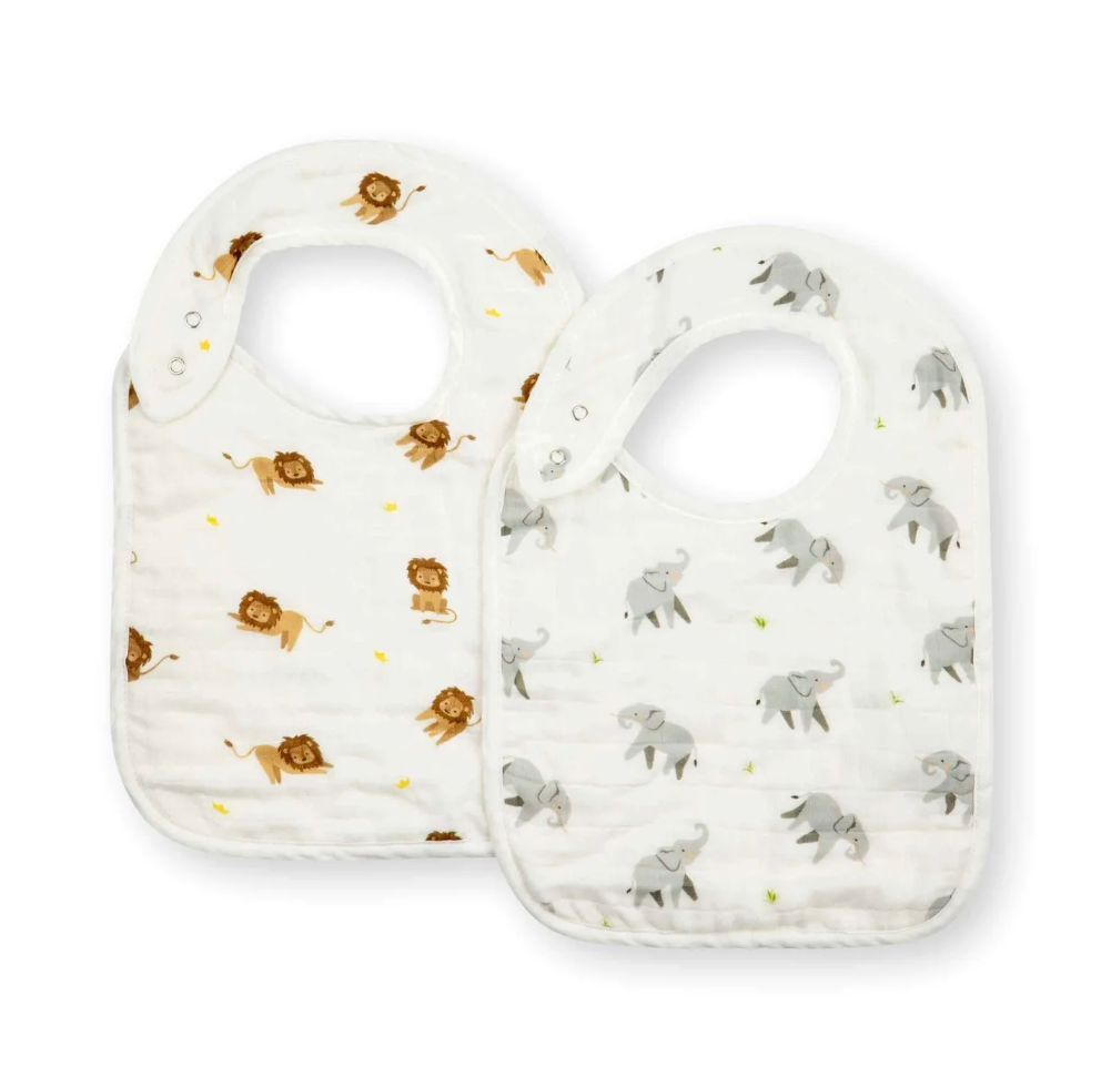 Baby Bib Set (2-pack) in Elephant + Lion