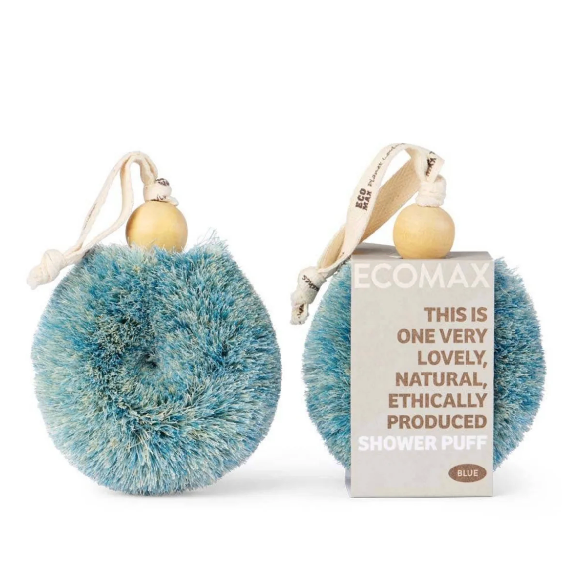 Two blue fluffy shower puffs with wooden beads and fabric loops, shown beside a white Ecomax product box on a clean white background.