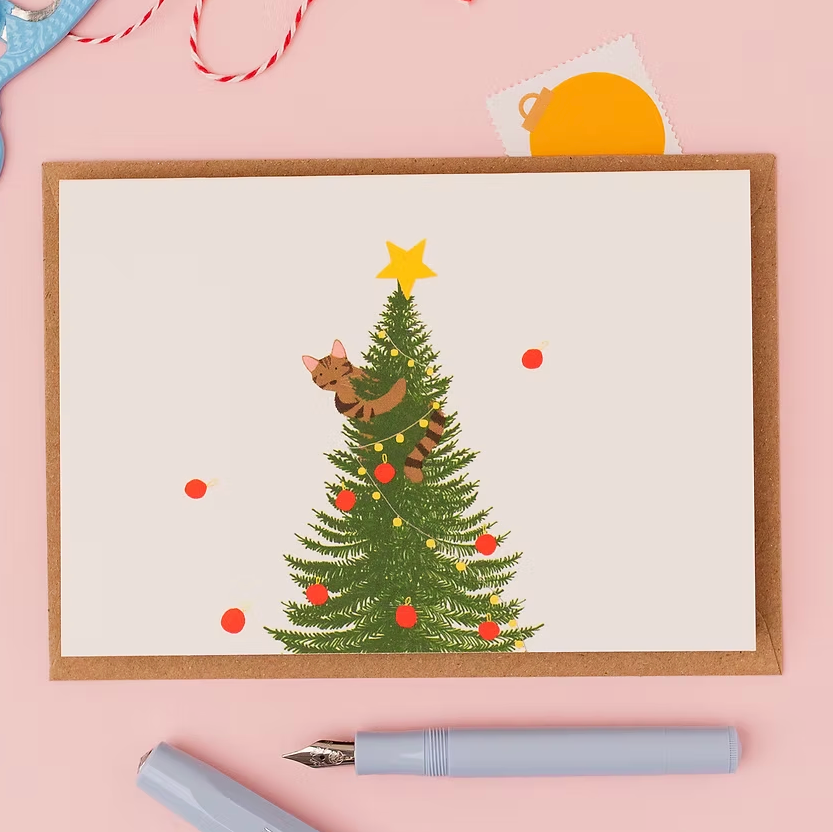 Naughty Tabby Cat in Christmas Tree Card