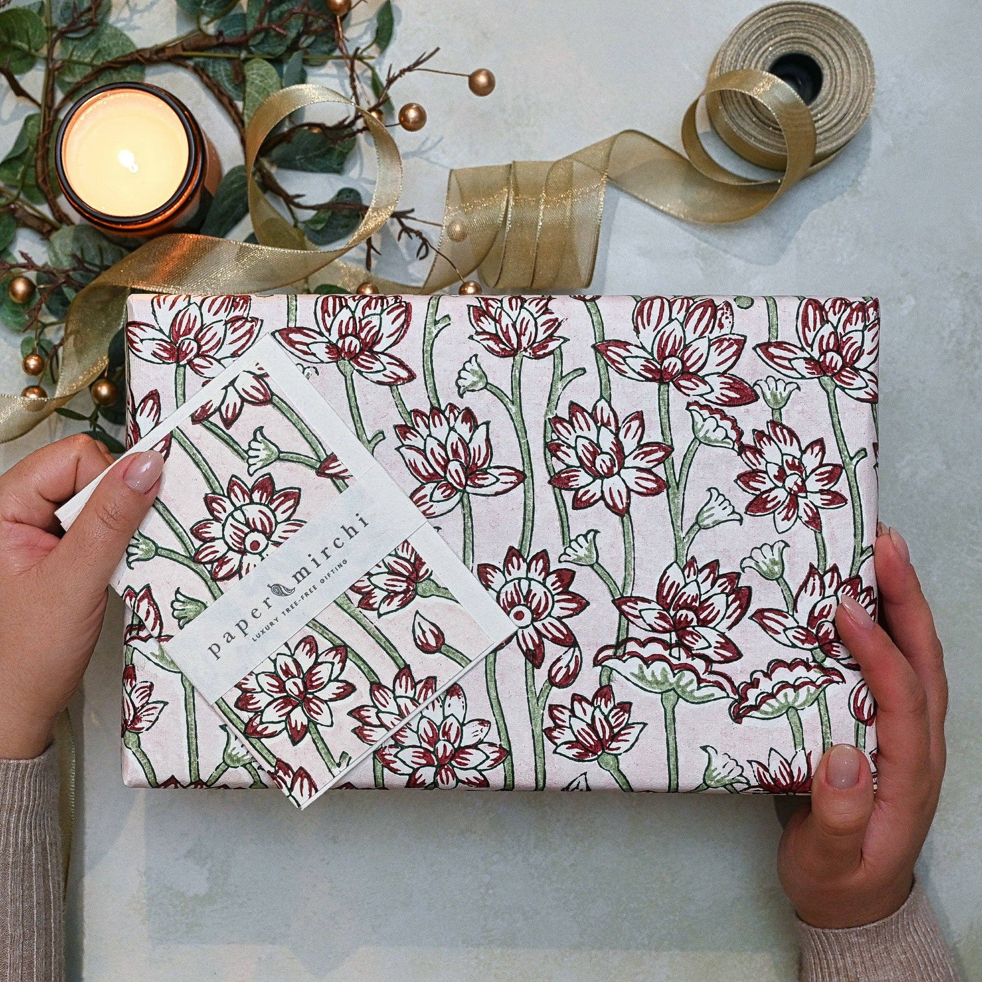 Block-Printed Gift Wrapping Paper Sheet (in Lotus Cherry)