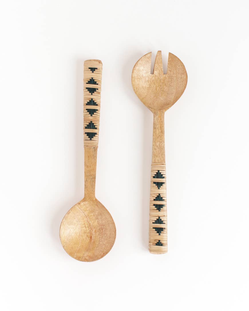 Hand-Carved Geo-Woven Mango Wood Salad Servers