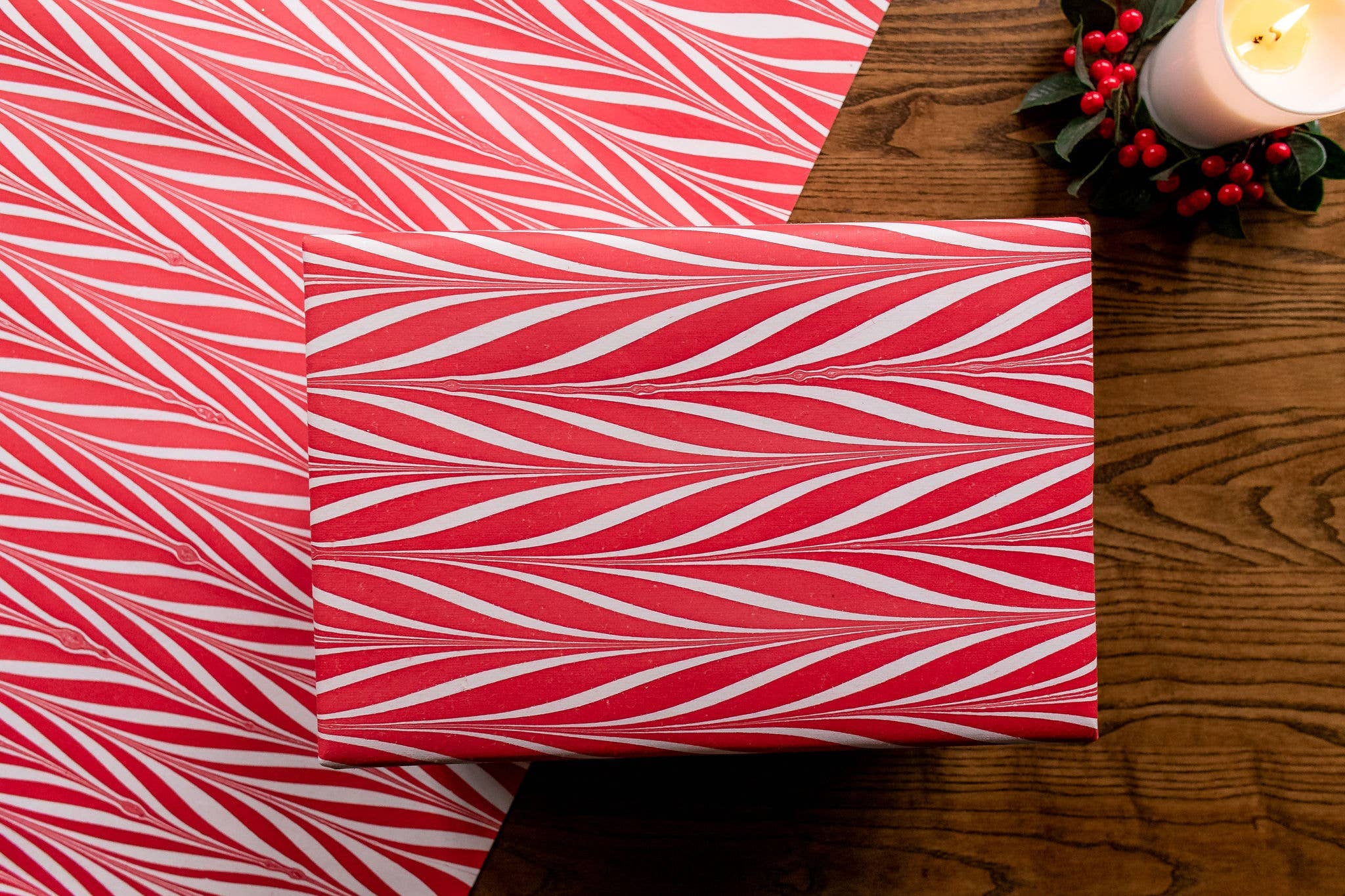 Hand-Marbled Gift Wrapping Paper Sheet - Candy Stripes Red