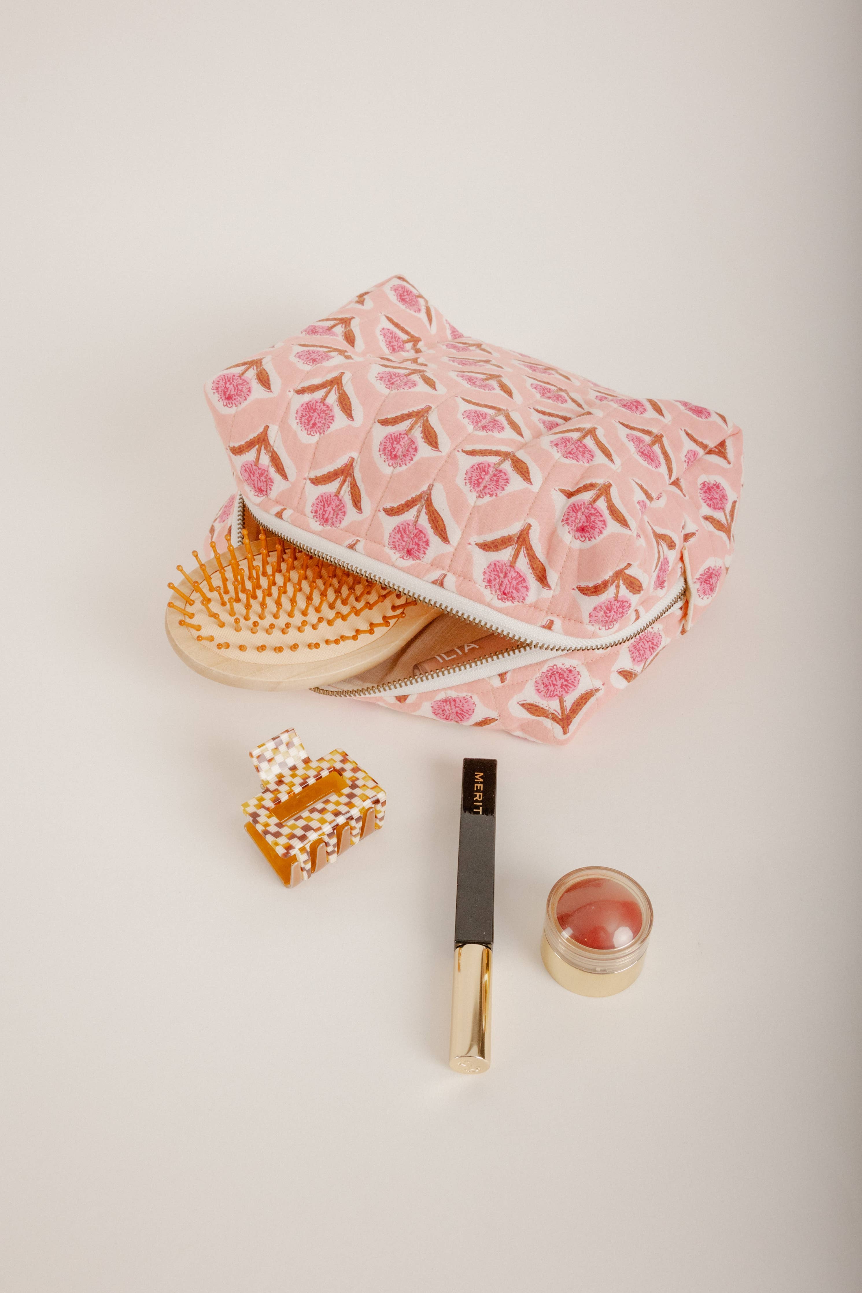 Quilted Travel Pouch - Handmade (5" x 5" x 7")