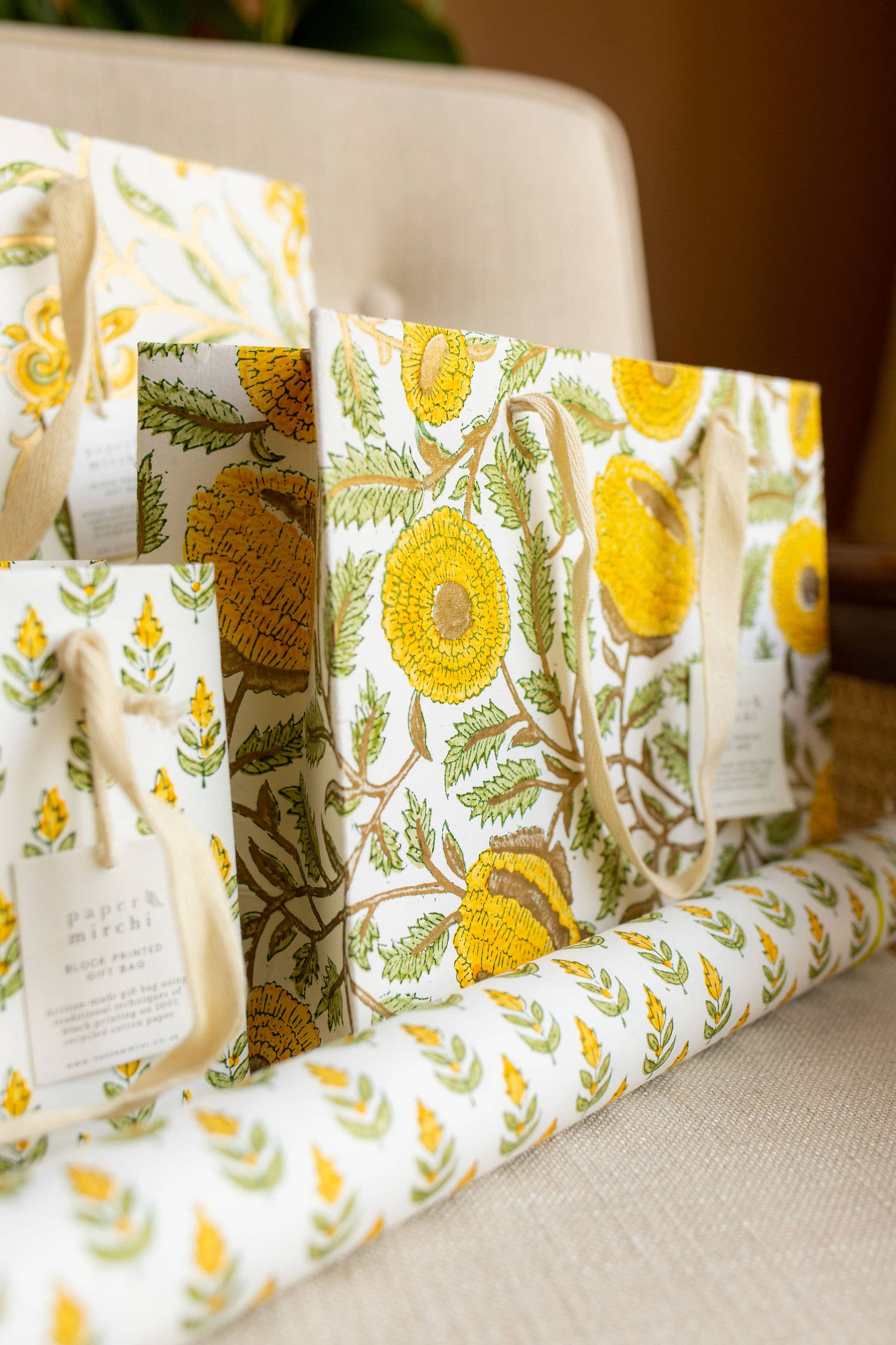 Hand Block Printed Gift Bag - Sunshine Collection - Variety of Styles (Medium)