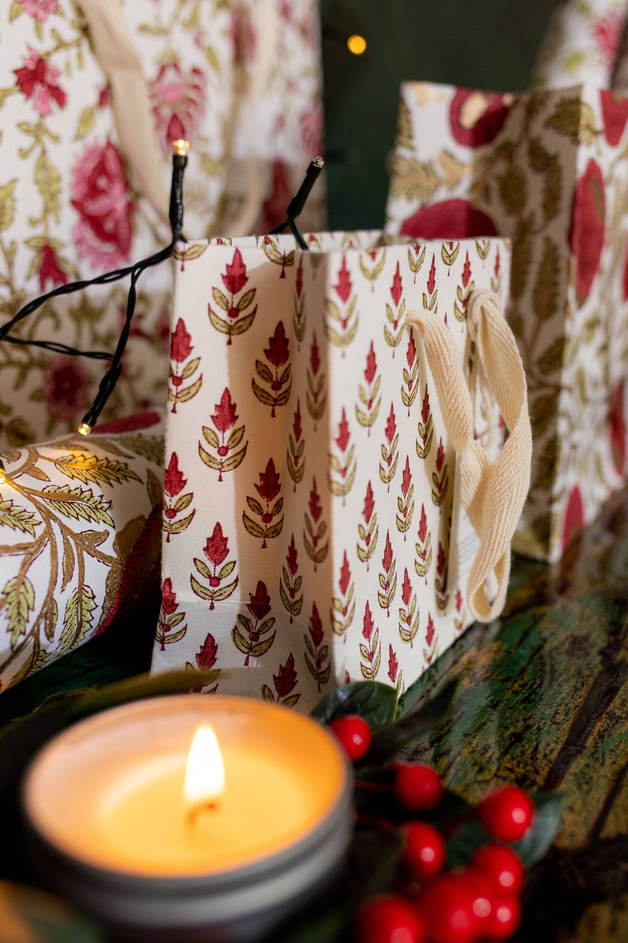 Hand Block Printed Gift Bags - Scarlet (Variety of Styles) - Small