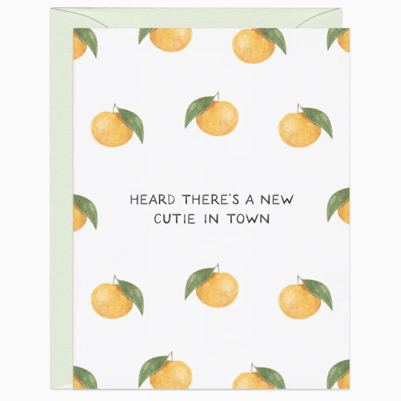 Card with lemon pattern and text 'Heard there's a new cutie in town' on a white background