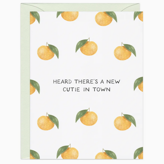 Card with lemon pattern and text 'Heard there's a new cutie in town' on a white background