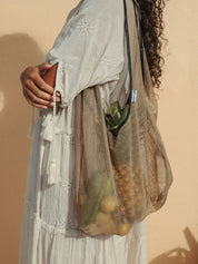 Joan Reusable Mesh Tote Bag In Tan/Black