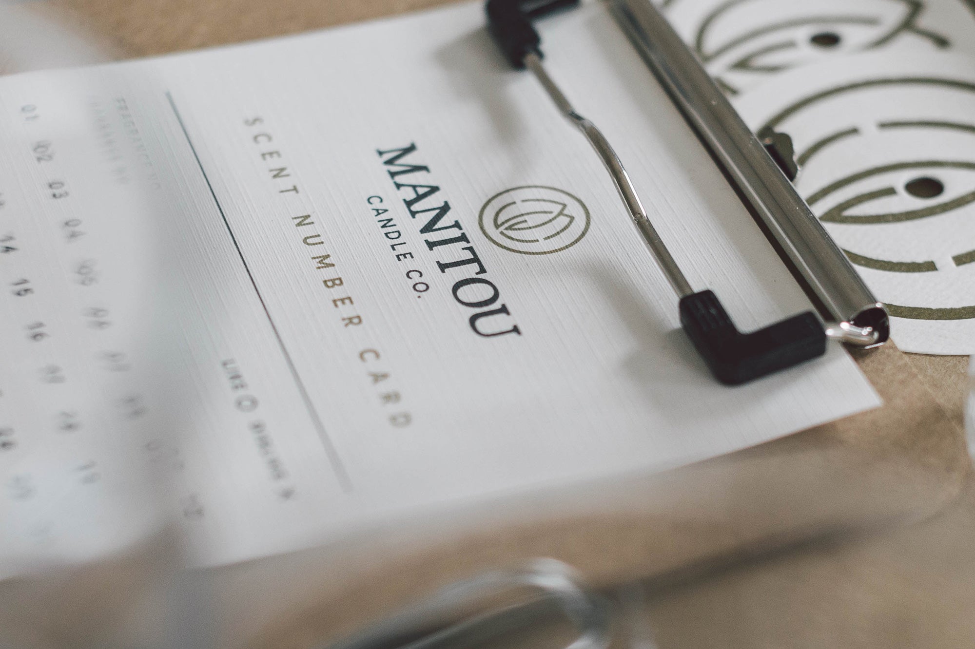 Manitou candle co branding on a product with tools on top