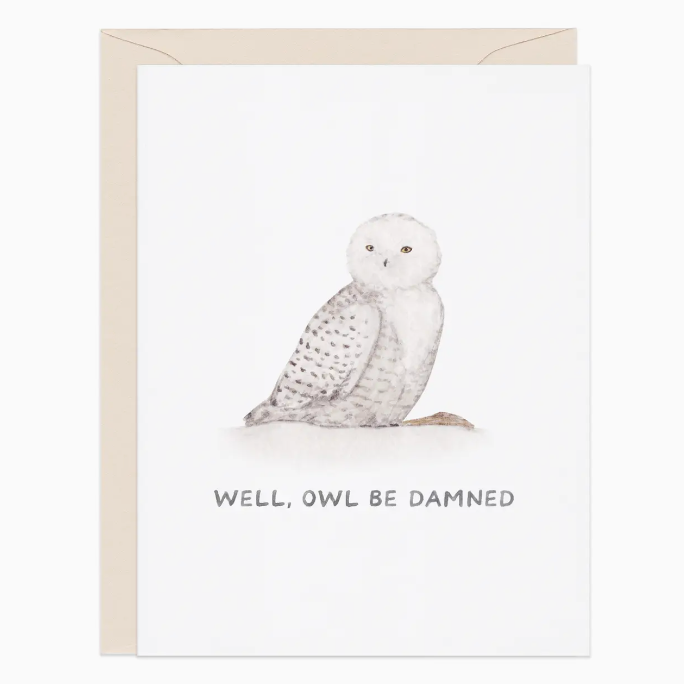 Greeting card with an owl illustration and text 'Well, owl be damned' on a white background.