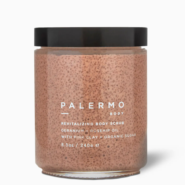 Jar of Palermo Body revitalizing body scrub on a white background