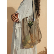 Joan Reusable Mesh Tote Bag In Tan/Black