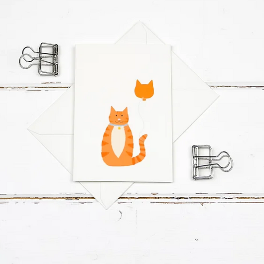 Cat with Balloon Birthday Card (Orange Tabby)