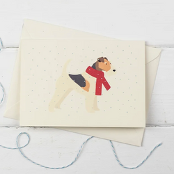 Fox Terrier Dog in the Snow with Red Scarf Holiday Card